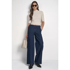 DKNY Women Lexington Denim Wide Leg High-Rise Tailored Trousers Petite Size 28P